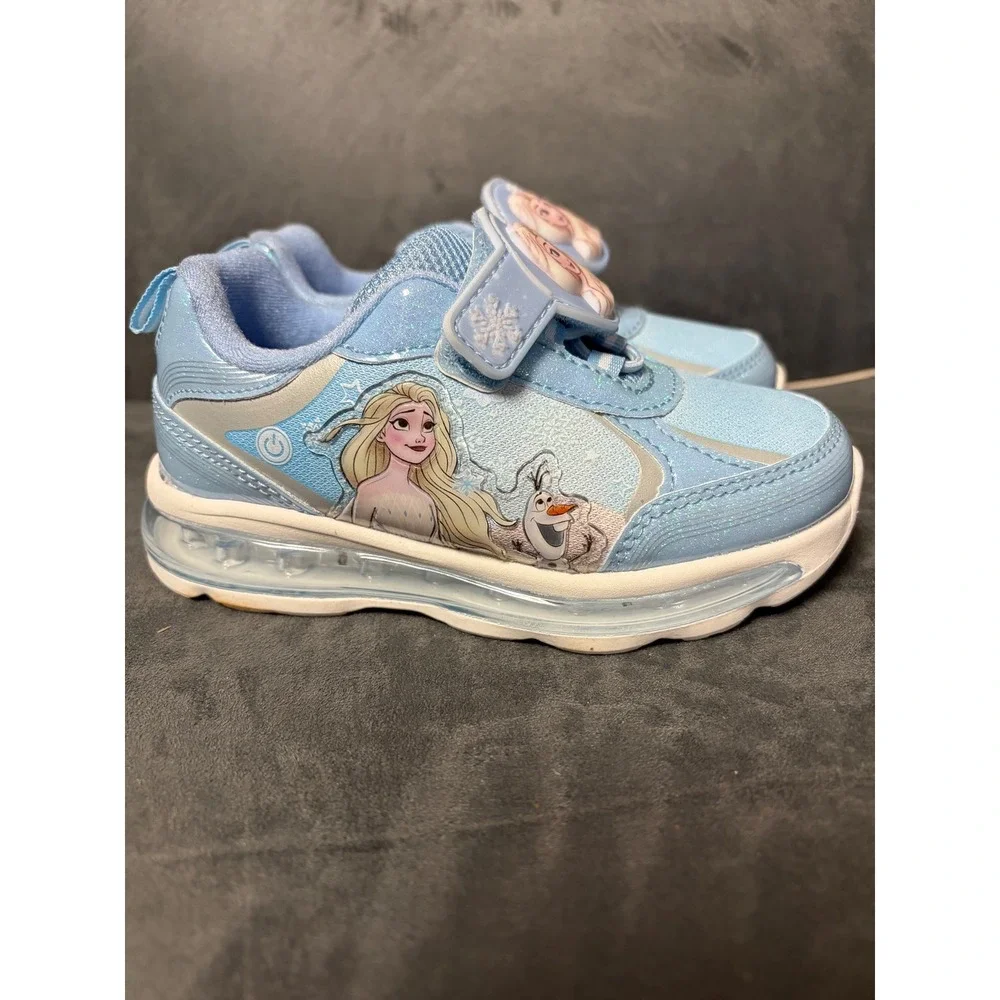 Disney Frozen Elsa Olaf Light Up Sneakers Girls Blue Glitter Shoes Size 10